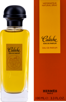 Hermès Calèche Soie De Parfum EDP, butelka z czarną nakrętką obok brązowo-pomarańczowego pudełka, widok z przodu.