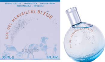 Hermès Eau de Merveilles Bleue EDT, aromatyczno-wodny zapach, błękitna butelka i opakowanie, widok pod kątem.