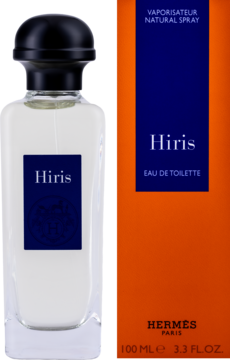 Hermès Hiris męska woda toaletowa, butelka 100ml z niebieską etykietą obok pomarańczowego pudełka, widok z przodu.
