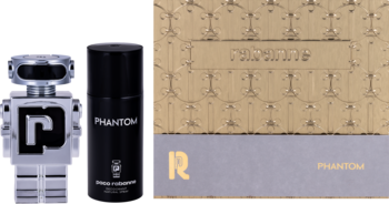 Zestaw męski Paco Rabanne Phantom: srebrne perfumy w butelce robota, czarny dezodorant, złote pudełko. Widok z przodu.
