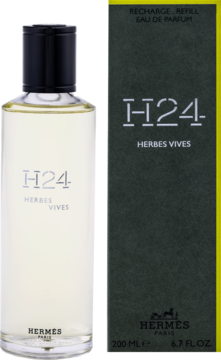 Hermès H24 Herbes Vives męska woda perfumowana, refill 200ml: przezroczysta butelka i ciemne pudełko.