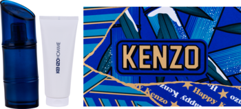 Zestaw Kenzo Homme Intense: granatowa woda toaletowa i biały żel pod prysznic, z logo Kenzo na tle.