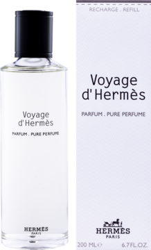 Hermès Voyage d'Hermès pure perfume w szklanej butelce obok białego pudełka RECHARGE - REFILL, widok z przodu.