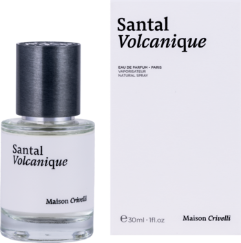Santal Volcanique 30ml w szklanej butelce z czarną nakrętką i białym opakowaniem Maison Crivelli.