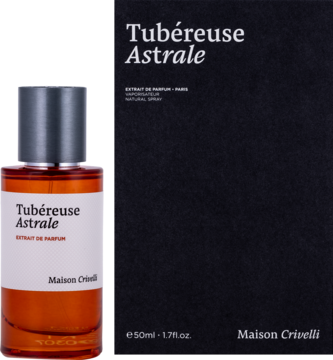 Unisex Maison Crivelli Tubereuse Astrale extrait de parfum, bursztynowa butelka 50ml z czarnym pudełkiem, widok z przodu.