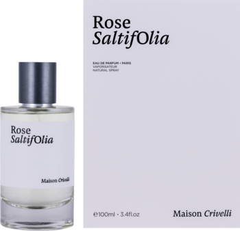 Maison Crivelli Rose Saltifolia EDP. Butelka i białe pudełko obok siebie, widok z przodu. Etykieta z różą i solą.