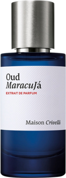 Oud Maracujá Maison Crivelli, ekstrakt perfum unisex, ciemnoniebieska butelka z białą etykietą, widok z przodu.