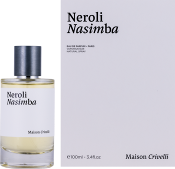 Woda perfumowana Maison Crivelli Neroli Nasimba unisex, przezroczysta butelka i białe pudełko, widok z przodu.