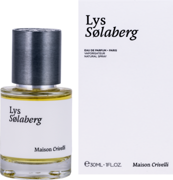 Maison Crivelli Lys Solaberg unisex woda perfumowana, butelka i białe pudełko obok siebie, widok z przodu.