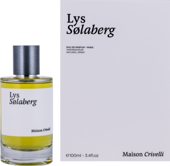 Maison Crivelli Lys Solaberg unisex woda perfumowana, 100ml, butelka z żółtym płynem obok pudełka.