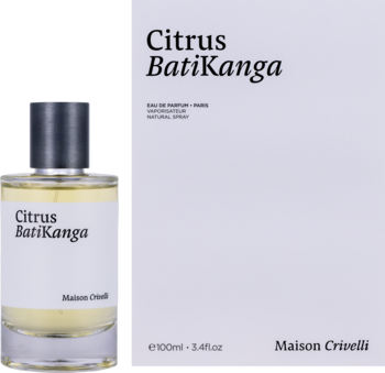 Maison Crivelli Citrus Batikanga unisex woda perfumowana w szklanej butelce i białym pudełku, widok z przodu.