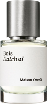 Maison Crivelli Bois Datchaï, woda perfumowana unisex. Przezroczysty flakon z białą etykietą i srebrną zakrętką, widok z przodu.