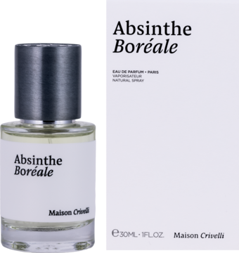 Maison Crivelli Absinthe Boréale EDP, butelka 30ml z pudełkiem. Biała etykieta, czarny korek, widok z przodu.