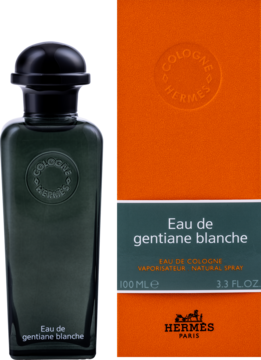 Hermès Eau de Gentiane Blanche woda kolońska unisex: ciemna butelka i pomarańczowe pudełko 100ml z logo.