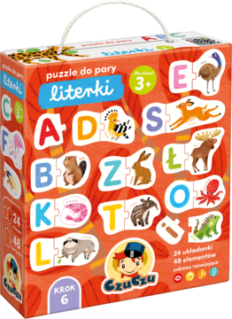 Czuczu Literki, kolorowe puzzle do pary z literami i zwierzętami, widok z przodu opakowania z uchwytem.