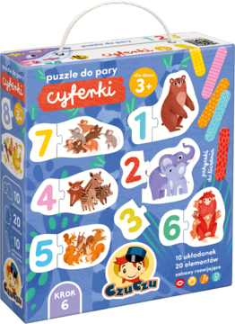 Kolorowe pudełko Czuczu Cyferki, dwuelementowe puzzle 1-8 ze zwierzętami i patyczkami do liczenia, wiek 3+.