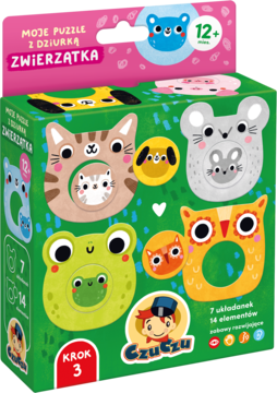 Czuczu Puzzle z dziurką Zwierzątka 12m+: zielone opakowanie z barwnymi dwuelementowymi układankami zwierząt.