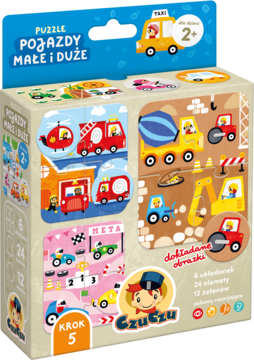 Pudełko puzzli Czuczu Pojazdy małe i duże dla dzieci 2+, widok z przodu, z barwnymi ilustracjami pojazdów.