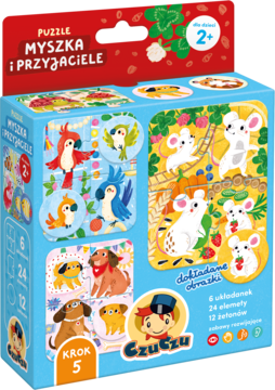 Pudełko Czuczu Myszka i przyjaciele, puzzle dla dzieci 2+, widok z przodu. Kolorowe myszki, papugi i psy.