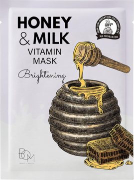 Rozjaśniająca maska B.O.M Honey & Milk Vitamin Mask w białej saszetce, z ilustracją miodu i plastrów miodu, widok z przodu.