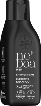 Czarny szampon Neboa Men Strong Stream 3w1 do włosów, brody i ciała, 96% naturalny, wegański, widok z przodu.