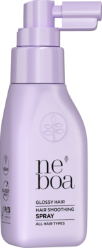 Fioletowy spray wygładzający Neboa Glossy Hair do włosów, widok z przodu, z pompką, wegański.