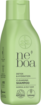 Zielona butelka szamponu Neboa Detox & Hydration 97% naturalny, do normalnych i tłustych włosów, widok z przodu.