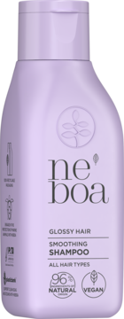 Wygładzający szampon Neboa Glossy Hair w liliowej butelce 100ml, wegański, z 96% nat. składników, widok z przodu.