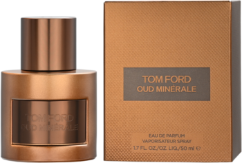 Tom Ford Oud Minérale, unisex woda perfumowana w brązowym satynowym flakonie i teksturowanym pudełku 50ml, widok z przodu.