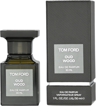 Tom Ford Oud Wood EDP 30ml, ciemna butelka i kartonowe pudełko z szarą etykietą, widok z przodu.