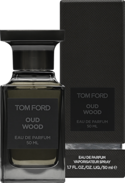 Tom Ford Oud Wood Eau de Parfum 50ml, ciemna szklana butelka z czarną etykietą i pasujące pudełko, widok z przodu.