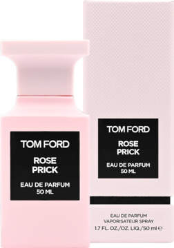 Tom Ford Rose Prick woda perfumowana 50ml, różowa butelka i kartonik z czarną etykietą, widok z przodu.