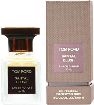 Tom Ford Santal Blush Eau de Parfum 30ml: flakon z jasnym płynem i dopasowane brązowo-beżowe pudełko, przód.