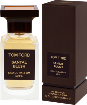 Tom Ford Santal Blush 50ml EDP, butelka w kształcie prostokąta i ciemnobrązowe pudełko, widok z przodu.