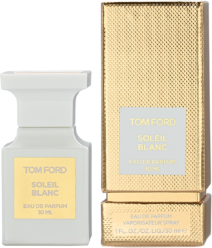 Perfumy Tom Ford Soleil Blanc Eau de Parfum 30ml: biała butelka i złote opakowanie obok siebie, widok z przodu.