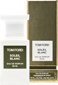 Tom Ford Soleil Blanc, biała butelka perfum 50ml z oliwkową etykietą, obok złote opakowanie, widok z przodu.