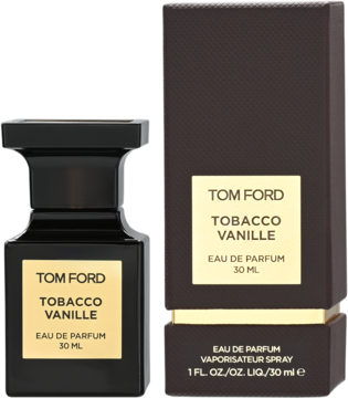 Tom Ford Tobacco Vanille woda perfumowana 30ml, czarna butelka i ciemne pudełko ze złotymi detalami, widok z przodu.