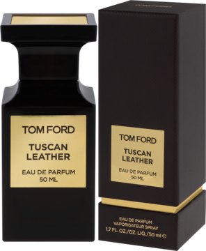 Tom Ford Tuscan Leather woda perfumowana 50ml, czarna butelka i pudełko z złotymi napisami, widok z przodu.