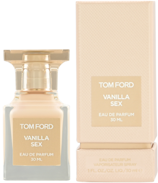 Tom Ford Vanilla Sex EDP 30ml, beżowy flakon i dopasowane kartonowe opakowanie, widok z przodu.