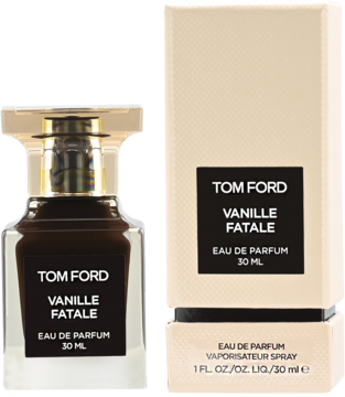 Tom Ford Vanille Fatale EDP 30ml, ciemny flakon obok kremowego pudełka z czarnym napisem, widok z przodu.