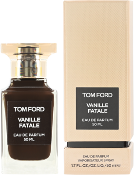 Damska woda perfumowana Tom Ford Vanille Fatale 50ml w ciemnobrązowej butelce i beżowym opakowaniu, widok z przodu.