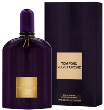 Woda perfumowana Tom Ford Velvet Orchid, fioletowa butelka i pudełko z żebrowaną teksturą, złote etykiety, widok z przodu.