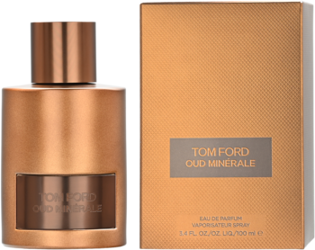 Tom Ford Oud Minérale woda perfumowana. Miedziany, satynowy flakon z pasującym pudełkiem, widok z przodu.