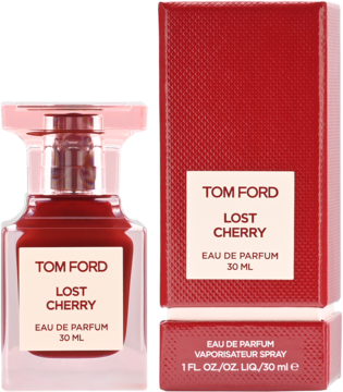 Tom Ford Lost Cherry 30ml, orientalno-kwiatowa woda perfumowana, butelka z czerwoną zawartością obok czerwonego pudełka.