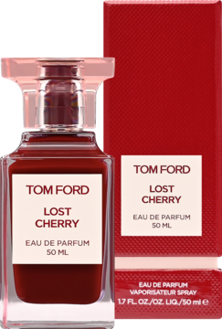 Tom Ford Lost Cherry woda perfumowana 50ml. Czerwony flakon i pasujące pudełko z przodu, wiśniowy zapach.