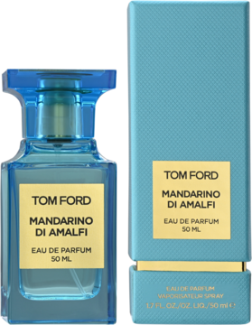 Tom Ford Mandarino di Amalfi woda perfumowana 50ml; niebieska butelka i kartonik z beżową etykietą.