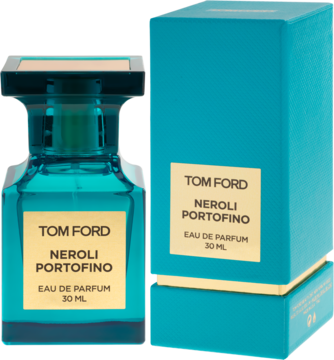 Tom Ford Neroli Portofino EDP 30ml, turkusowa butelka i pudełko ze złotymi etykietami, widok z przodu.