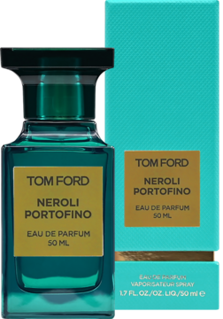 Tom Ford Neroli Portofino woda perfumowana 50ml, turkusowa butelka i pudełko z żółtymi etykietami, widok z przodu.