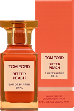 Tom Ford Bitter Peach woda perfumowana 50 ml. Pomarańczowa butelka ze złotą nakrętką obok pudełka, widok z przodu.