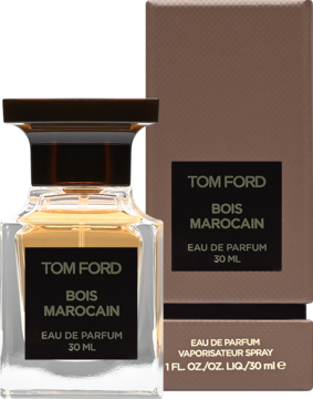 Tom Ford Bois Marocain damska EDP 30ml: flakon z bursztynowym płynem i brązowe pudełko.